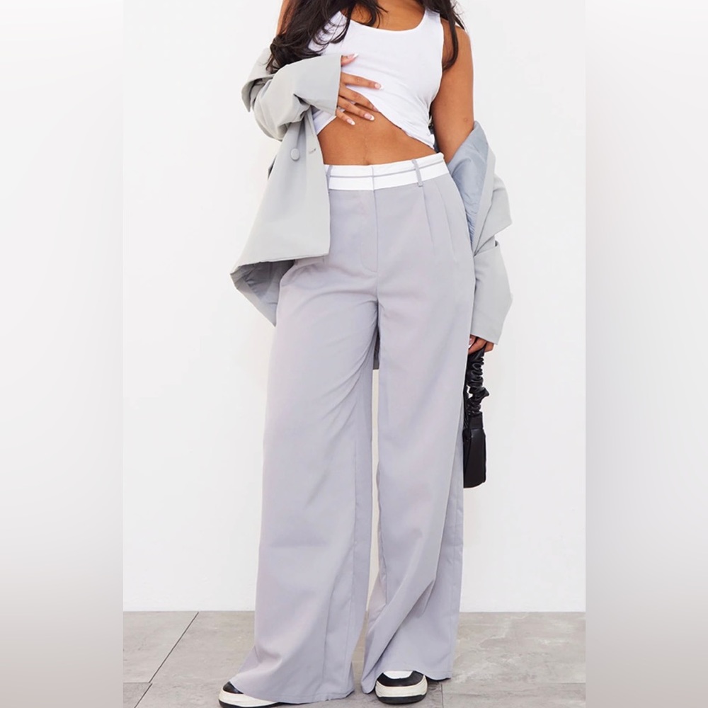 PrettyLittleThing Light Grey Turn Over Waist Wide Leg Pants size 6 (M) NWT